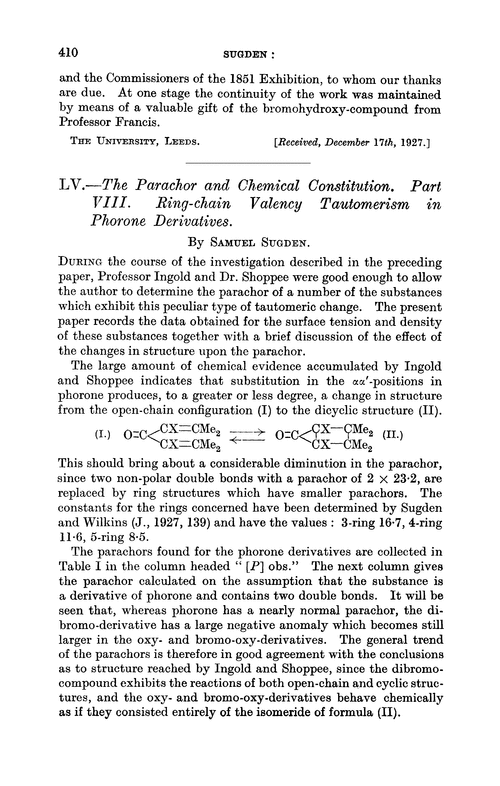 LV.—The parachor and chemical constitution. Part VIII. Ring-chain valency tautomerism in phorone derivatives