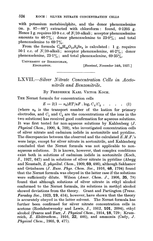 LXVII.—Silver nitrate concentration cells in acetonitrile and benzonitrile