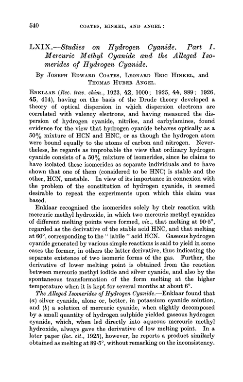 LXIX.—Studies on hydrogen cyanide. Part I. Mercuric methyl cyanide and the alleged isomerides of hydrogen cyanide