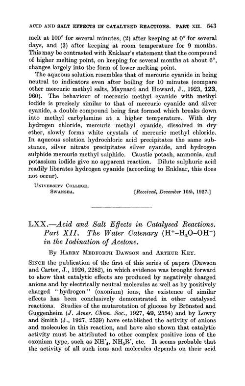 LXX.—Acid and salt effects in catalysed reactions. Part XII. The water caternary (H+–H2O–OH–) in the iodination of acetone