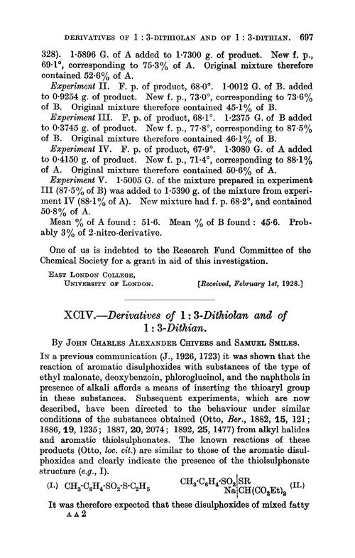 XCIV.—Derivatives of 1 : 3-dithiolan and of 1 : 3-dithian