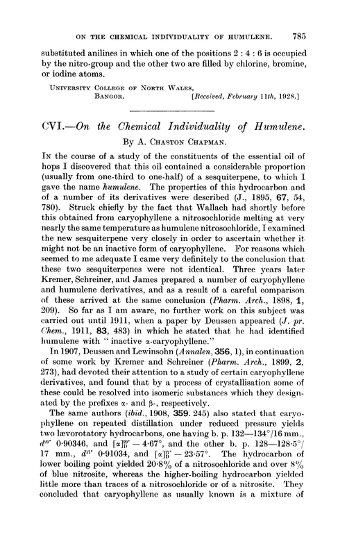 CVI.—On the chemical individuality of humulene