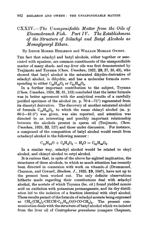 CXXIV.—The unsaponifiable matter from the oils of Elasmobranch fish. Part IV. The establishment of the structure of selachyl and batyl alcohols as monoglyceryl ethers