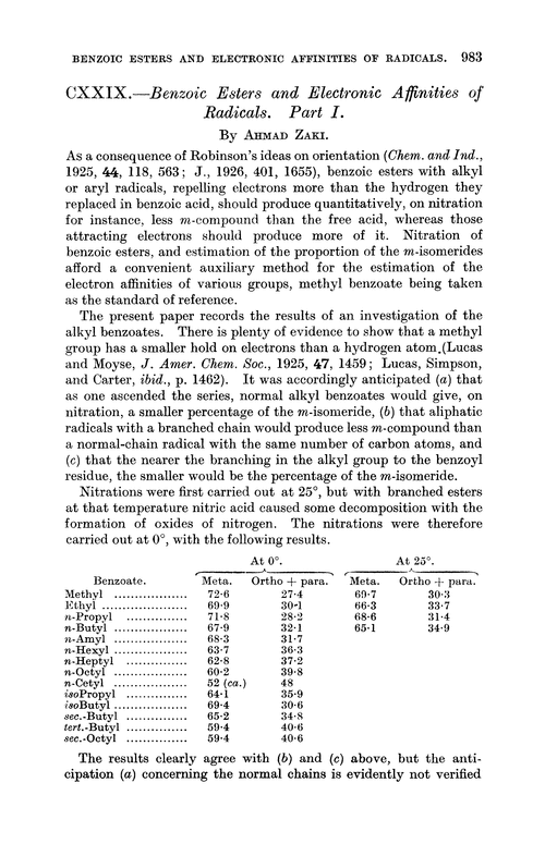 CXXIX.—Benzoic esters and electronic affinities of radicals. Part I