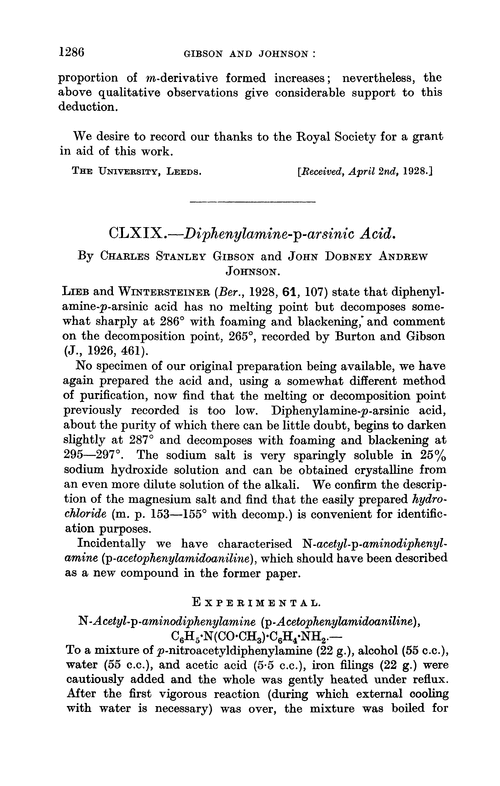 CLXIX.—Diphenylamine-p-arsinic acid