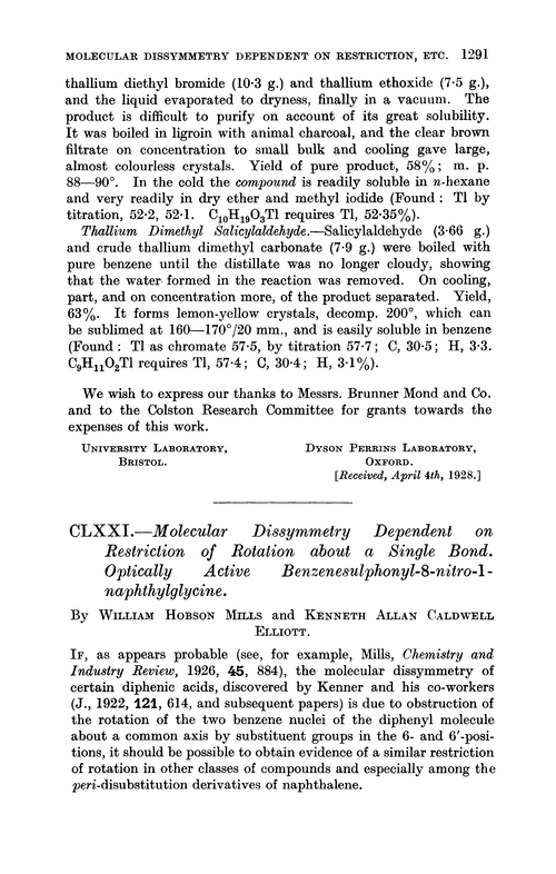 CLXXI.—Molecular dissymmetry dependent on restriction of rotation about a single bond. Optically active benzenesulphonyl-8-nitro-1-naphthylglycine