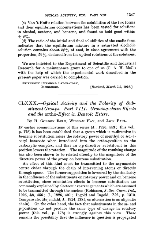 CLXXX.—Optical activity and the polarity of substituent groups. Part VIII. Growing-chain effects and the ortho-effect in benzoic esters