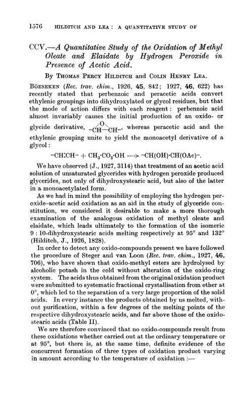 CCV.—A quantitative study of the oxidation of methyl oleate and elaidate by hydrogen peroxide in presence of acetic acid