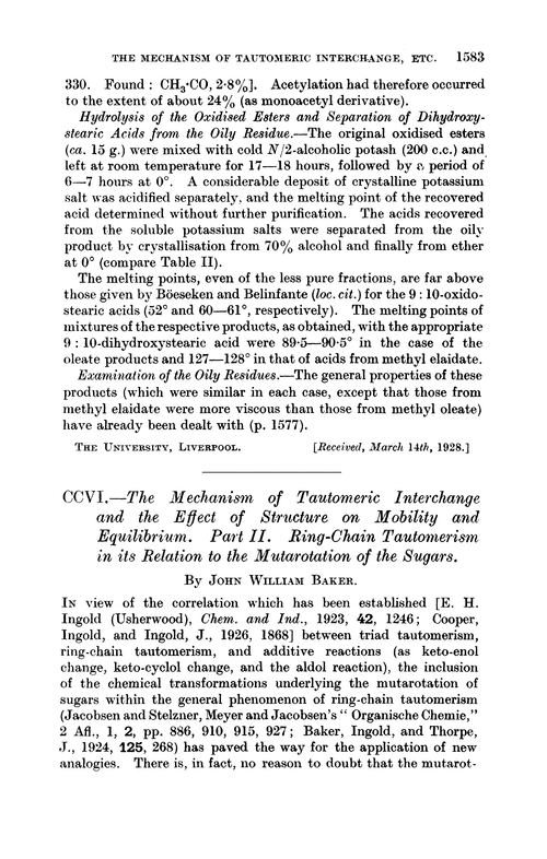 CCVI.—The mechanism of tautomeric interchange and the effect of structure on mobility and equilibrium. Part II. Ring-chain tautomerism in its relation to the mutarotation of the sugars