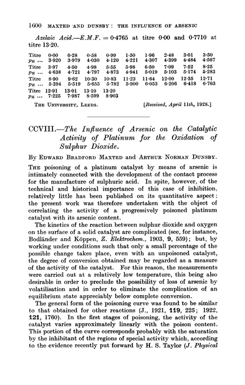 CCVIII.—The influence of arsenic on the catalytic activity of platinum for the oxidation of sulphur dioxide