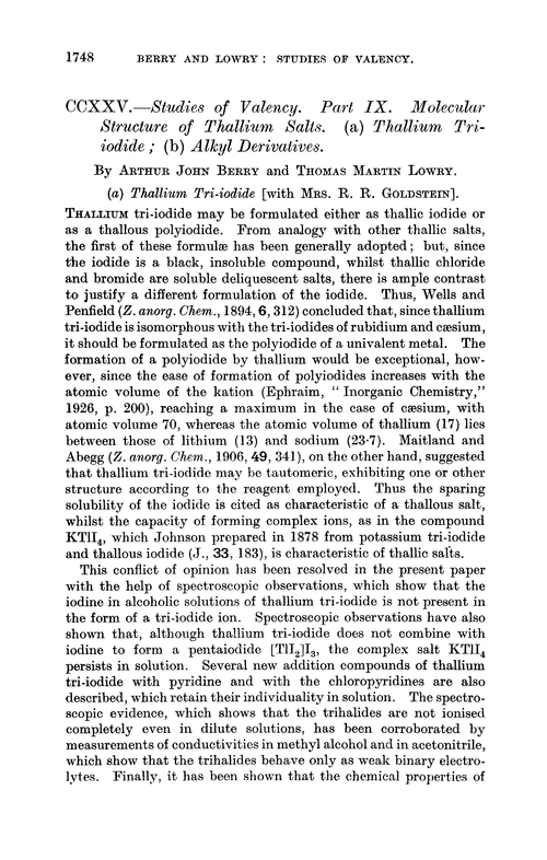 CCXXV.—Studies of valency. Part IX. Molecular structure of thallium salts. (a) thallium triiodide; (b) alkyl derivatives