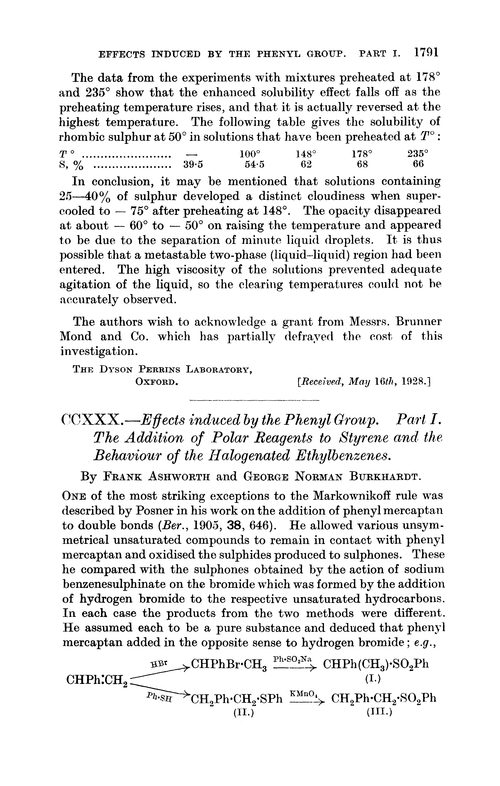 CCXXX.—Effects induced by the phenyl group. Part I. The addition of polar reagents to styrene and the behaviour of the halogenated ethylbenzenes