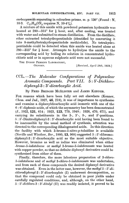 CCL.—The molecular configurations of polynuclear aromatic compounds. Part VII. 5 : 5′-Dichlorodiphenyl-3 : 3′-dicarboxylic acid