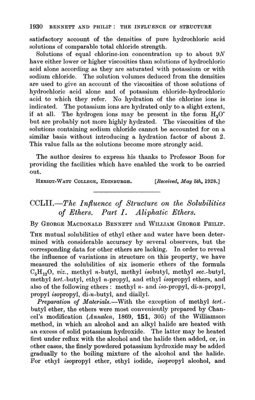 CCLII.—The influence of structure on the solubilities of ethers. Part I. Aliphatic ethers