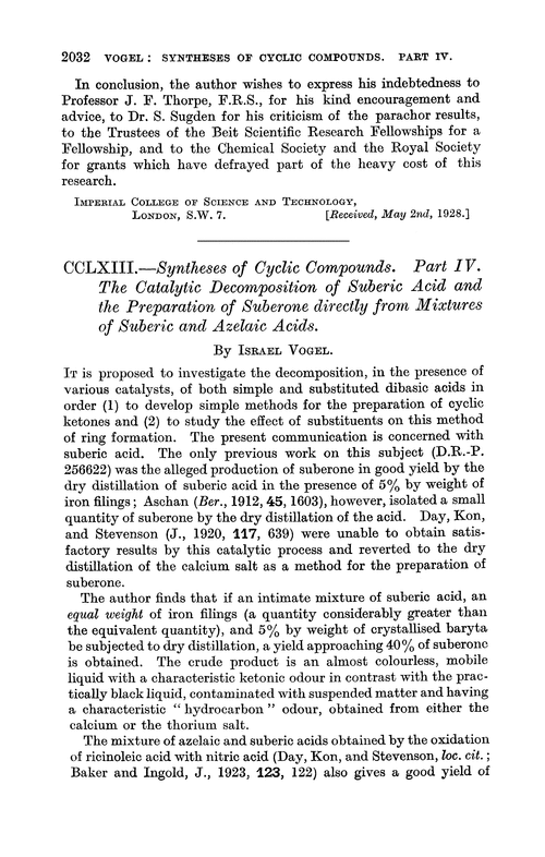 CCLXIII.—Syntheses of cyclic compounds. Part IV. The catalytic decomposition of suberic acid and the preparation of suberone directly from mixtures of suberic and azelaic acids