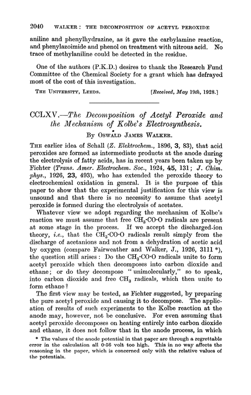 CCLXV.—The decomposition of acetyl peroxide and the mechanism of Kolbe's electrosynthesis