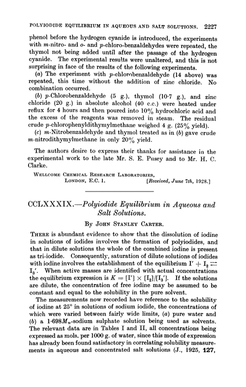 CCLXXXIX.—Polyiodide equilibrium in aqueous and salt solutions