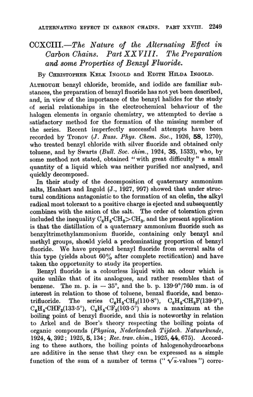 CCXCIII.—The nature of the alternating effect in carbon chains. Part XXVIII. The preparation and some properties of benzyl fluoride