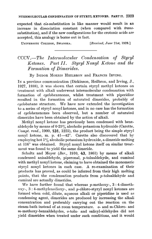 CCCV.—The intermolecular condensation of styryl ketones. Part II. Styryl nonyl ketone and the formation of dimerides