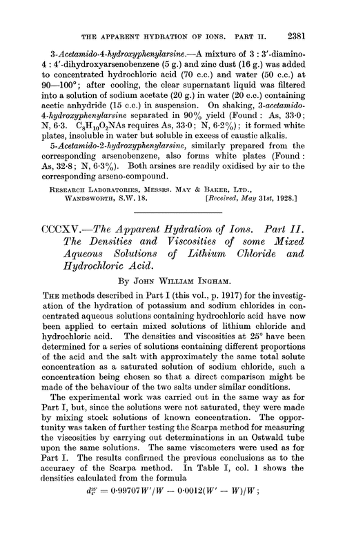 CCCXV.—The apparent hydration of ions. Part II. The densities and viscosities of some mixed aqueous solutions of lithium chloride and hydrochloric acid