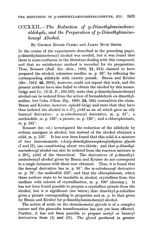CCCXXII.—The reduction of p-dimethylaminobenzaldehyde, and the preparation of p-dimethylaminobenzyl alcohol