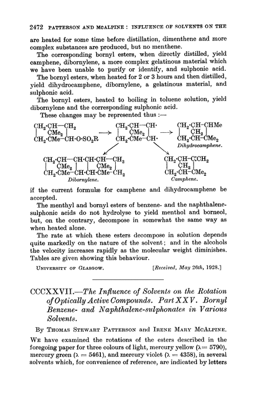 CCCXXVII.—The influence of solvents on the rotation of optically active compounds. Part XXV. Bornyl benzene- and naphthalene-sulphonates in various solvents