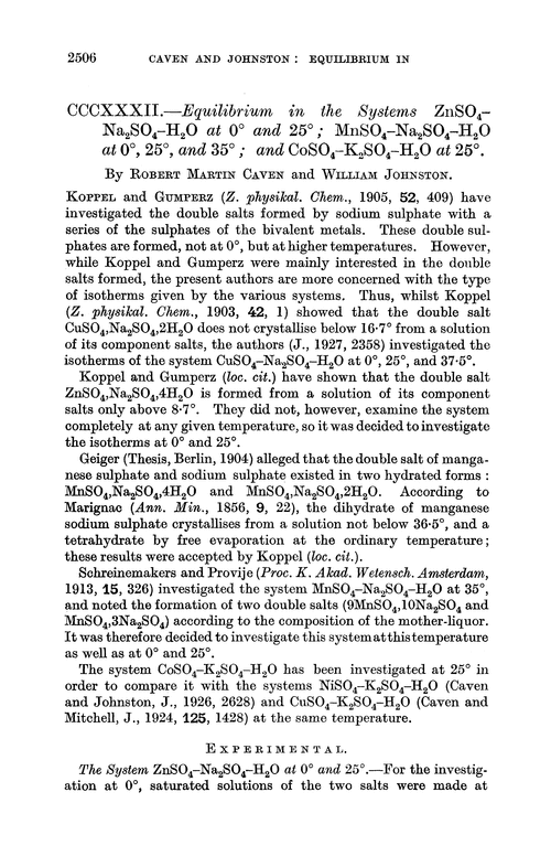 CCCXXXII.—Equilibrium in the systems ZnSO4–Na2SO4–H2O at 0° and 25°; MnSO4–Na2SO4–H2O at 0°, 25°, and 35°; and CoSO4–K2SO4–H2O at 25°