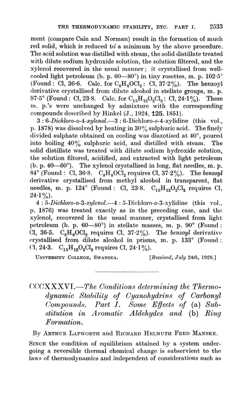 CCCXXXVI.—The conditions determining the thermodynamic stability of cyanohydrins of carbonyl compounds. Part I. Some effects of (a) substitution in aromatic aldehydes and (b) ring formation