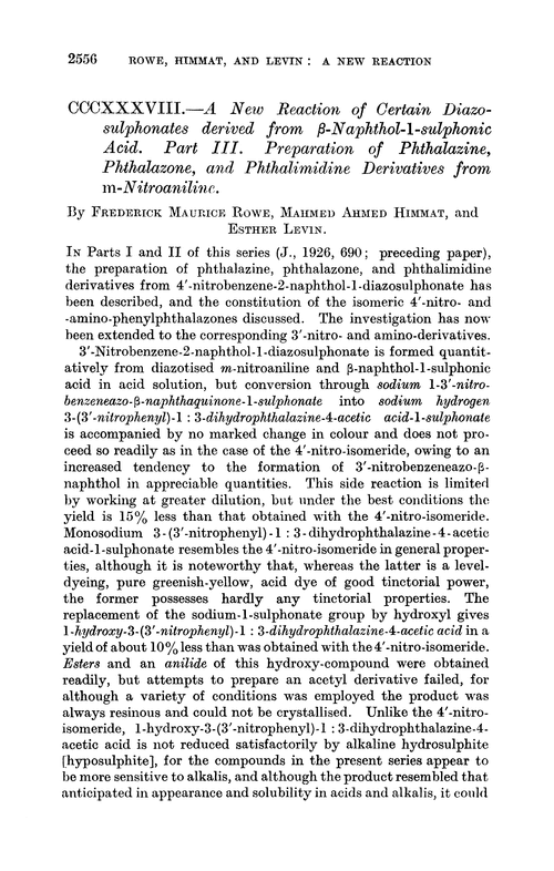 CCCXXXVIII.—A new reaction of certain diazosulphonates derived from β-naphthol-1-sulphonic acid. Part III. Preparation of phthalazine, phthalazone, and phthalimidine derivatives from m-nitroaniline