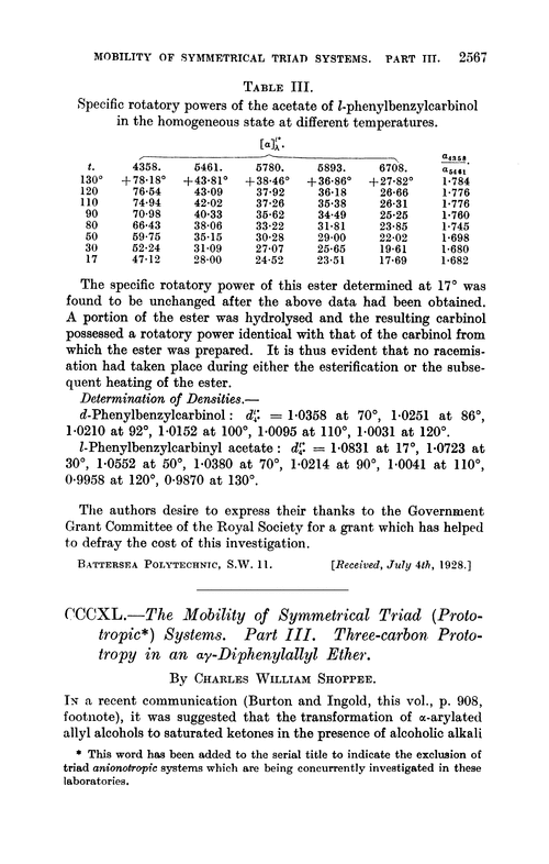 CCCXL.—The mobility of symmetrical triad (proto-tropic) systems. Part III. Three-carbon prototropy in an αγ-diphenylallyl ether