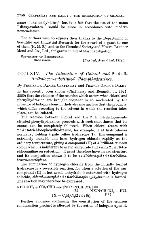 CCCLXIV.—The interaction of chloral and 2 : 4 : 6-trihalogen-substituted phenylhydrazines