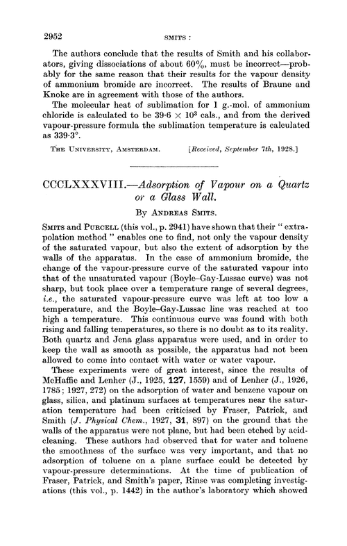 CCCLXXXVIII.—Adsorption of vapour on a quartz or a glass wall