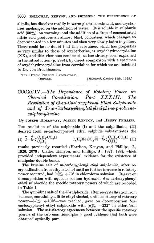 CCCXCIV.—The dependence of rotatory power on chemical constitution. Part XXXIII. The resolution of dl-m-carboxyphenyl ethyl sulphoxide and of dl-m-carboxyphenylethylsulphine-p-toluenesulphonylimine