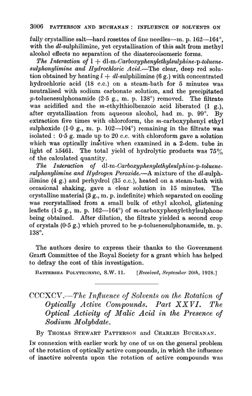 CCCXCV.—The influence of solvents on the rotation of optically active compounds. Part XXVI. The optical activity of malic acid in the presence of sodium molybdate