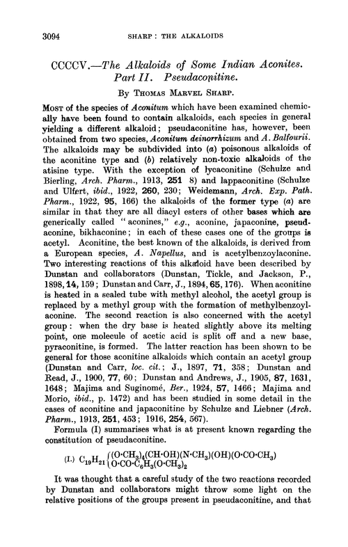 CCCCV.—The alkaloids of some Indian aconites. Part II. Pseudaconitine