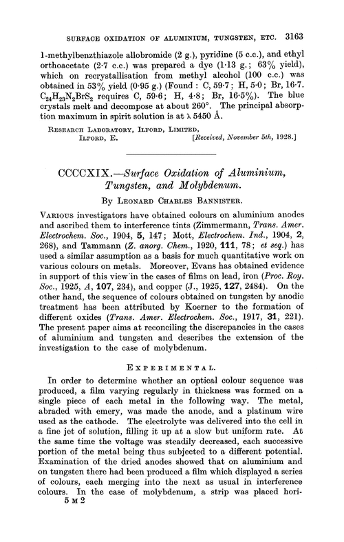 CCCCXIX.—Surface oxidation of aluminium, tungsten, and molybdenum