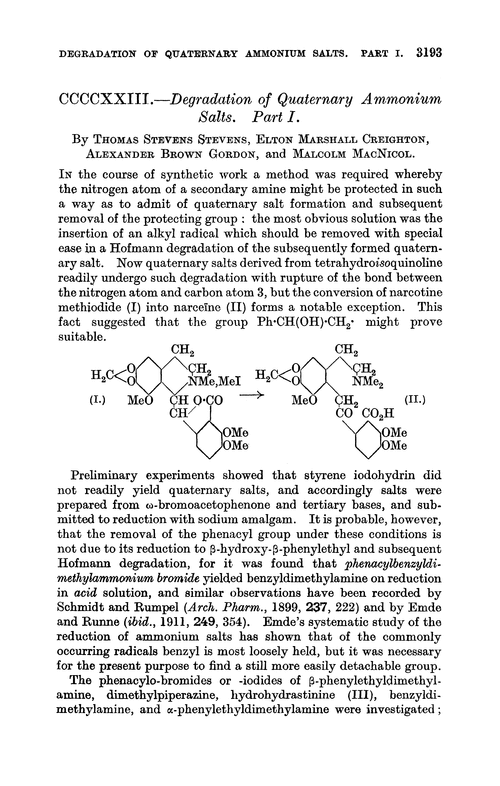 CCCCXXIII.—Degradation of quaternary ammonium salts. Part I