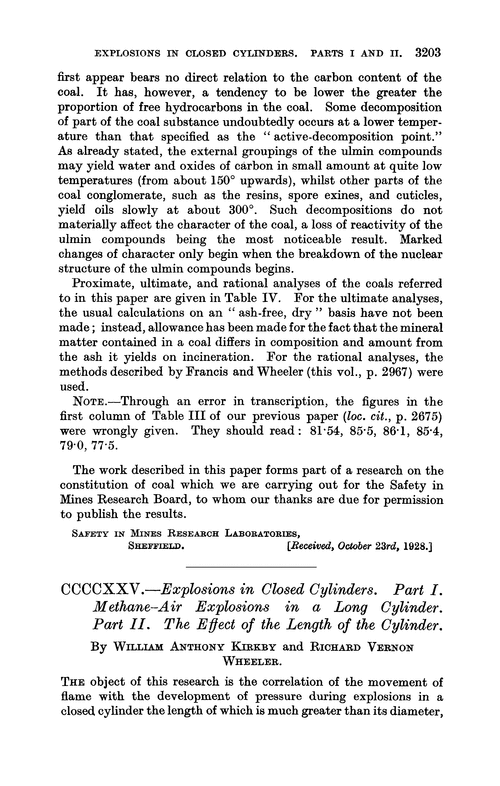 CCCCXXV.—Explosions in closed cylinders. Part I. Methane–air explosions in a long cylinder. Part II. The effect of the length of the cylinder