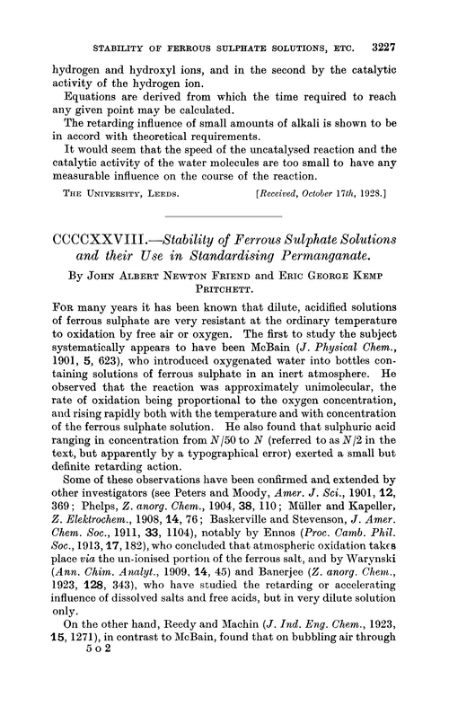 CCCCXXVIII.—Stability of ferrous sulphate solutions and their use in standardising permanganate