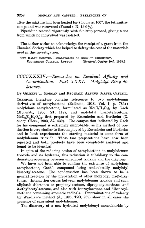 CCCCXXXIV.—Researches on residual affinity and co-ordination. Part XXXI. Molybdyl bis-β-diketones