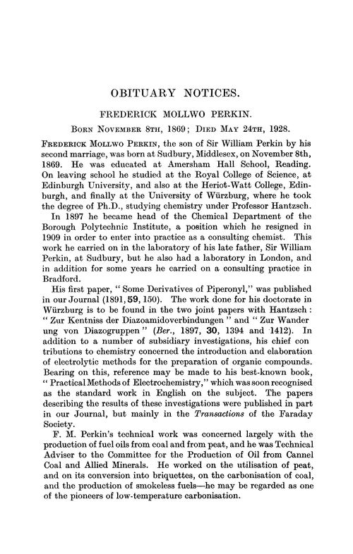 Obituary notices: Frederick Mollwo Perkin, 1869–1928; Henry Richardson Procter, 1848–1927; Madyar Gopal Rau, 1891–1928