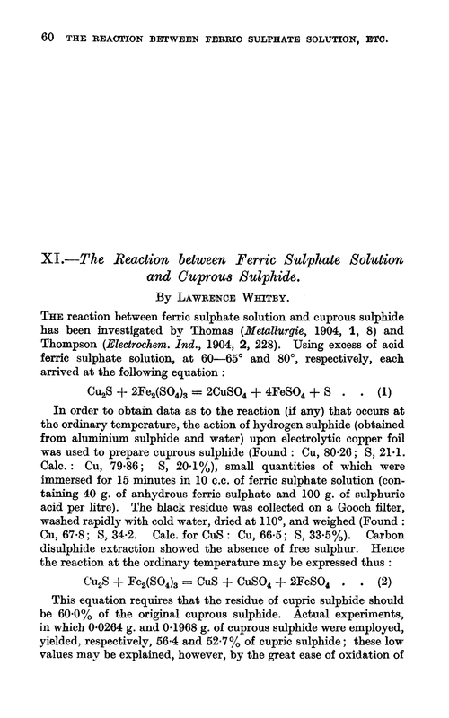 XI.—The reaction between ferric sulphate solution and cuprous sulphide