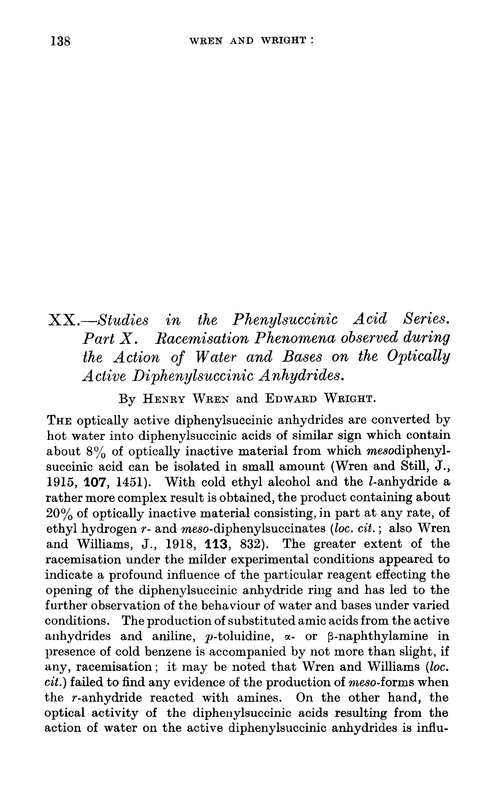 XX.—Studies in the phenylsuccinic acid series. Part X. Racemisation phenomena observed during the action of water and bases on the optically active diphenylsuccinic anhydrides