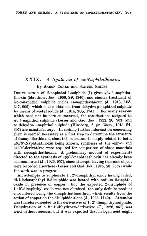 XXIX.—A synthesis of isonaphthathioxin