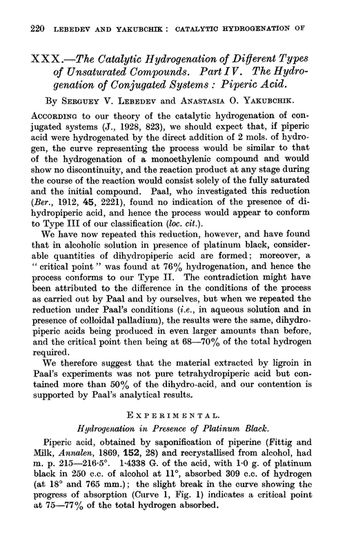 XXX.—The catalytic hydrogenation of different types of unsaturated compounds. Part IV. The hydrogenation of conjugated systems: piperic acid