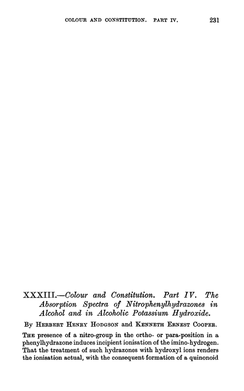 XXXIII.—Colour and constitution. Part IV. The absorption spectra of nitrophenylhydrazones in alcohol and in alcoholic potassium hydroxide