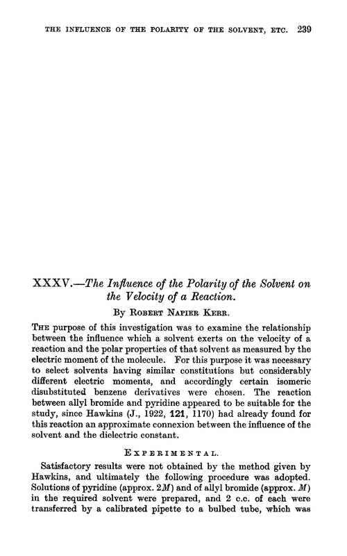 XXXV.—The influence of the polarity of the solvent on the velocity of a reaction