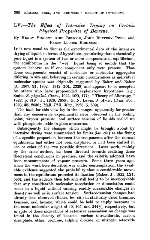 LV.—The effect of intensive drying on certain physical properties of benzene