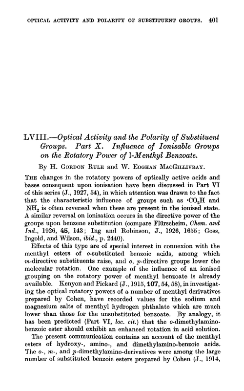 LVIII.—Optical activity and the polarity of substituent groups. Part X. Influence of ionisable groups on the rotatory power of l-menthyl benzoate