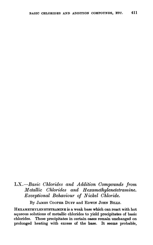 LX.—Basic chlorides and addition compounds from metallic chlorides and hexamethylenetetramine. Exceptional behaviour of nickel chloride